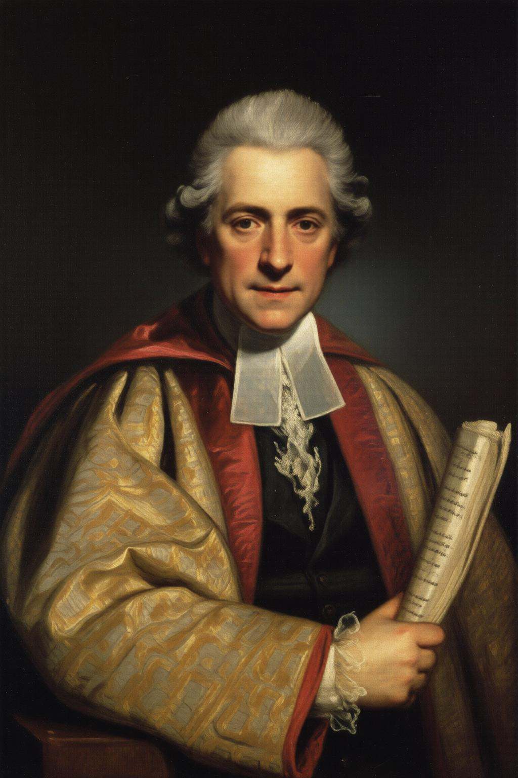 joshuareynolds2q painting.An 18th-century man with a refined,  academic appearance. He is dressed in the attire of an acad...