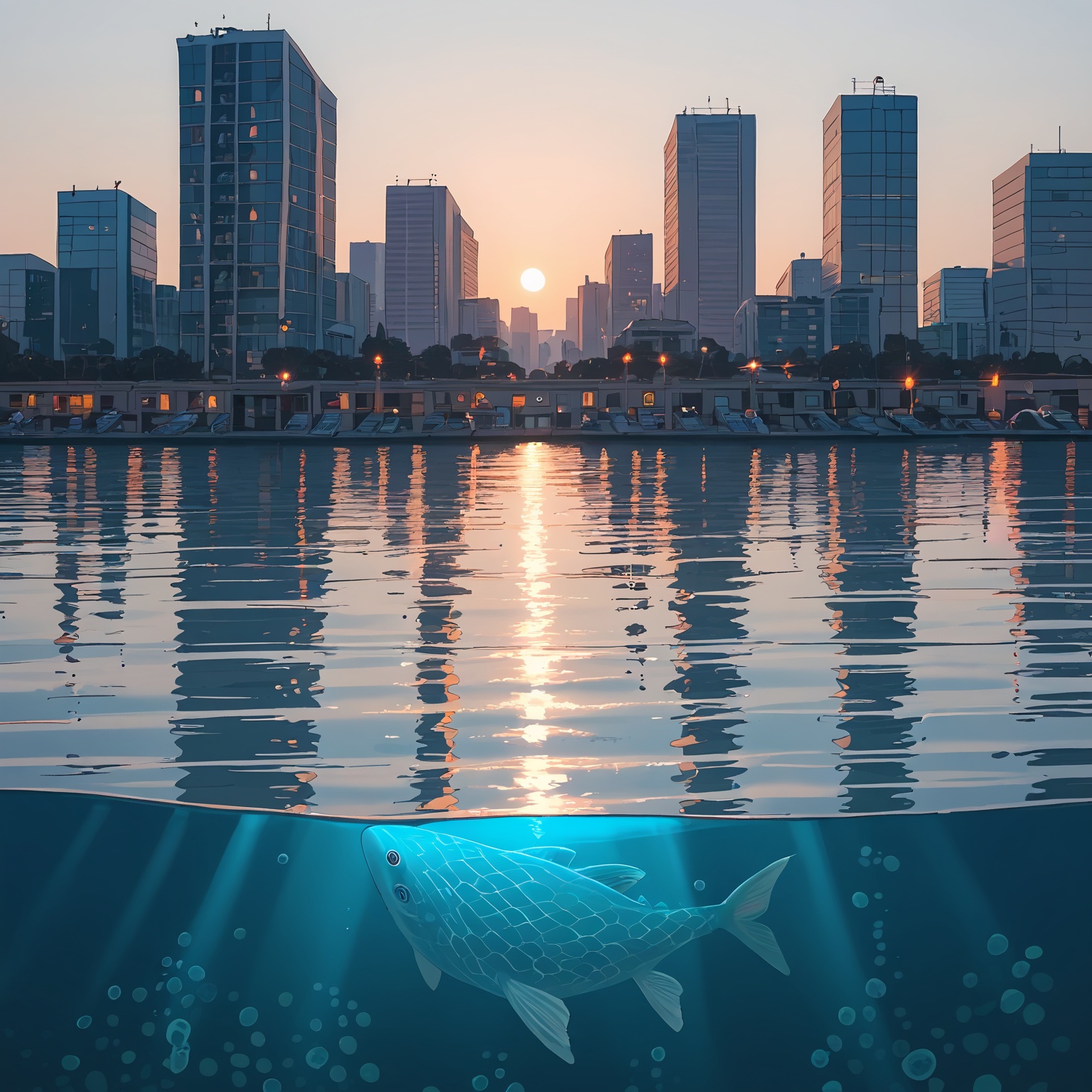 A hyperrealistic portrayal of a submerged metropolis,  nestled beneath the ocean and enclosed within vast glass domes that...