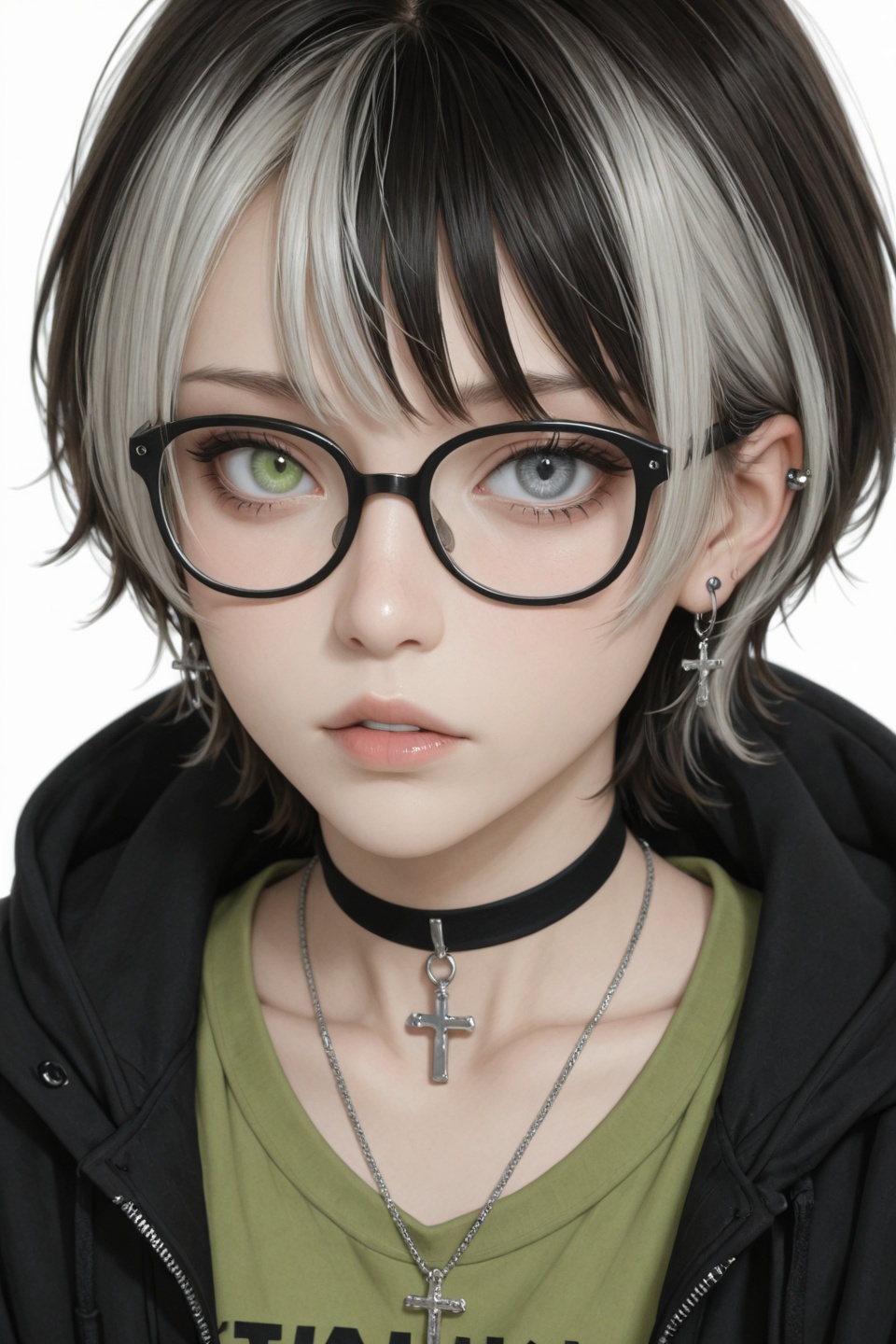 A digital drawing of a young woman with short,  messy black hair and glasses,  wearing a black choker with a cross pendant...