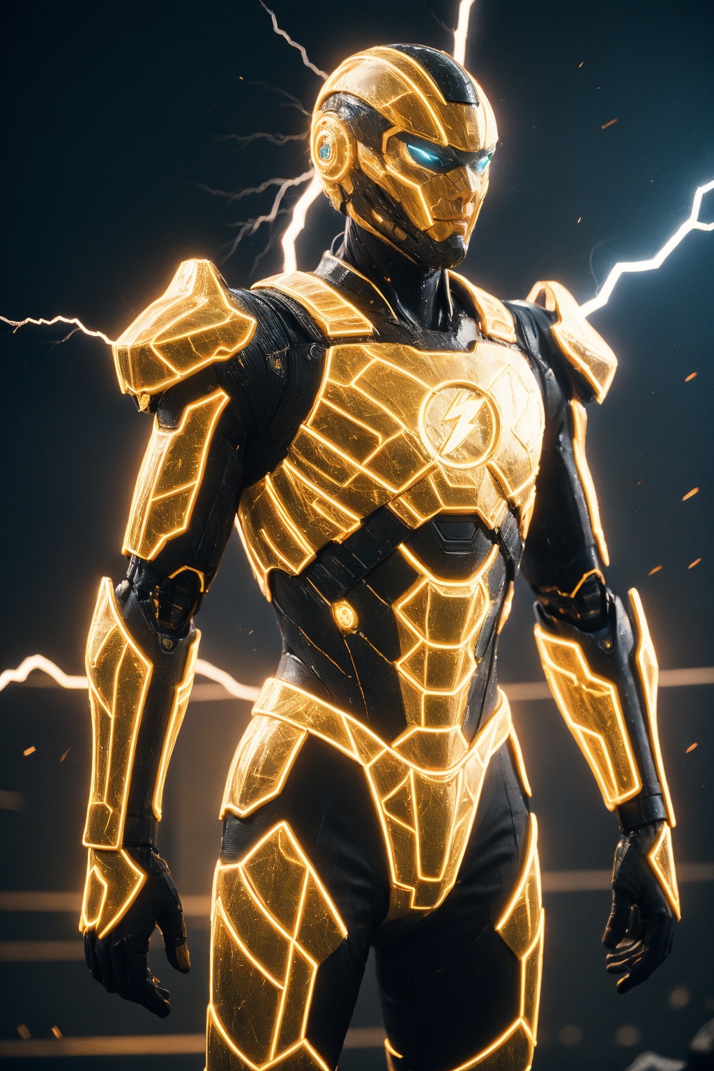 man, solo, glowing, robot, standing, blue armor, cowboy shot, sparks, power armor, neon trim, joints, lightning,