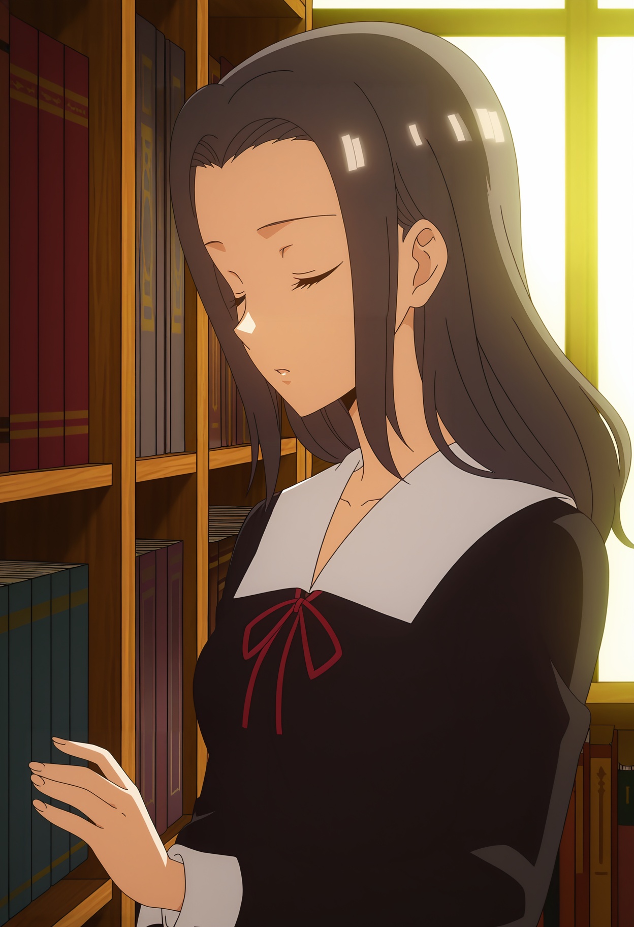 <lora:Kino Karen_illustrious-000010:1>,1girl,Kino Karen, school uniform, solo, bookshelf, closed eyes, red ribbon, ribbon, library, black dress, dress, long sleeves, neck ribbon, book, parted lips, indoors, upper body, anime screencap