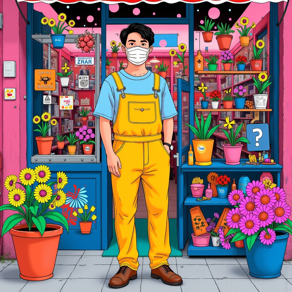Realitycompositing,there is a man standing in front of a store with a face mask on,james jean and petra cortright,David ****,vivid colorful comics style,artist wearing overalls,vibrant cartoon art,vivid colorful comic style,style of ian hubert,colorful comics style,korean artist,artwork in style of sheng lam,colorful doodle art,victo ngai and tristan eaton,kenny wong x pop mart,juxtapoz aesthetic,illustrated in whimsical style,flower shop scene,trending on artstartion,hsiao-ron,roy lichtenstein and jackie tsai,trending on artstatioin,great use of line work and color,multi-layered artworks,Victor Wang,wonderful compositions,trending on artstration,artist wearing torn overalls,hyung-tae kim,hyung - tae kim,hi - fructose art magazine,art style of noel coypel,trending on artstattion,coloring book style,