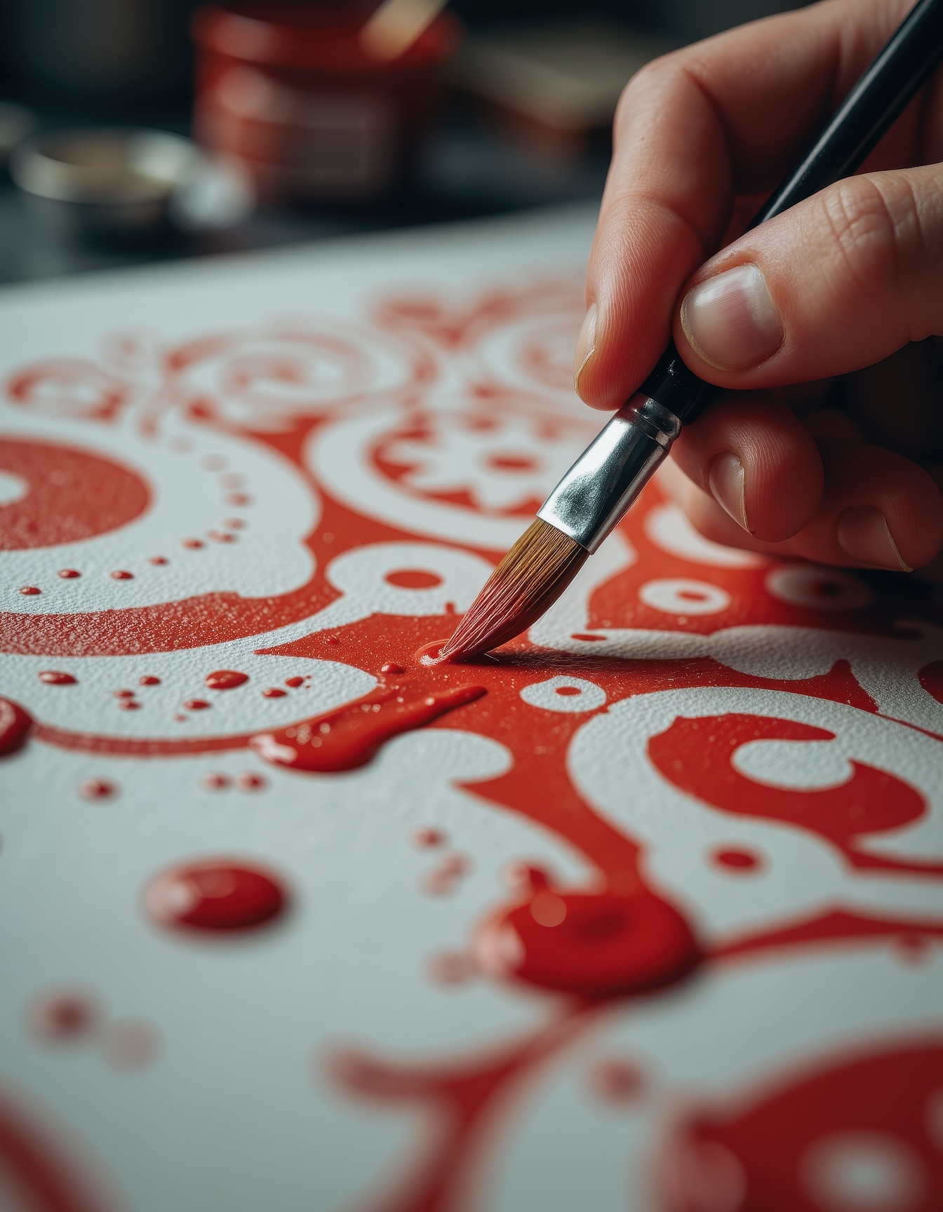 A cinematic close-up of an artist’s hand painting intricate white and red patterns on a textured canvas,  a fine brush tip...