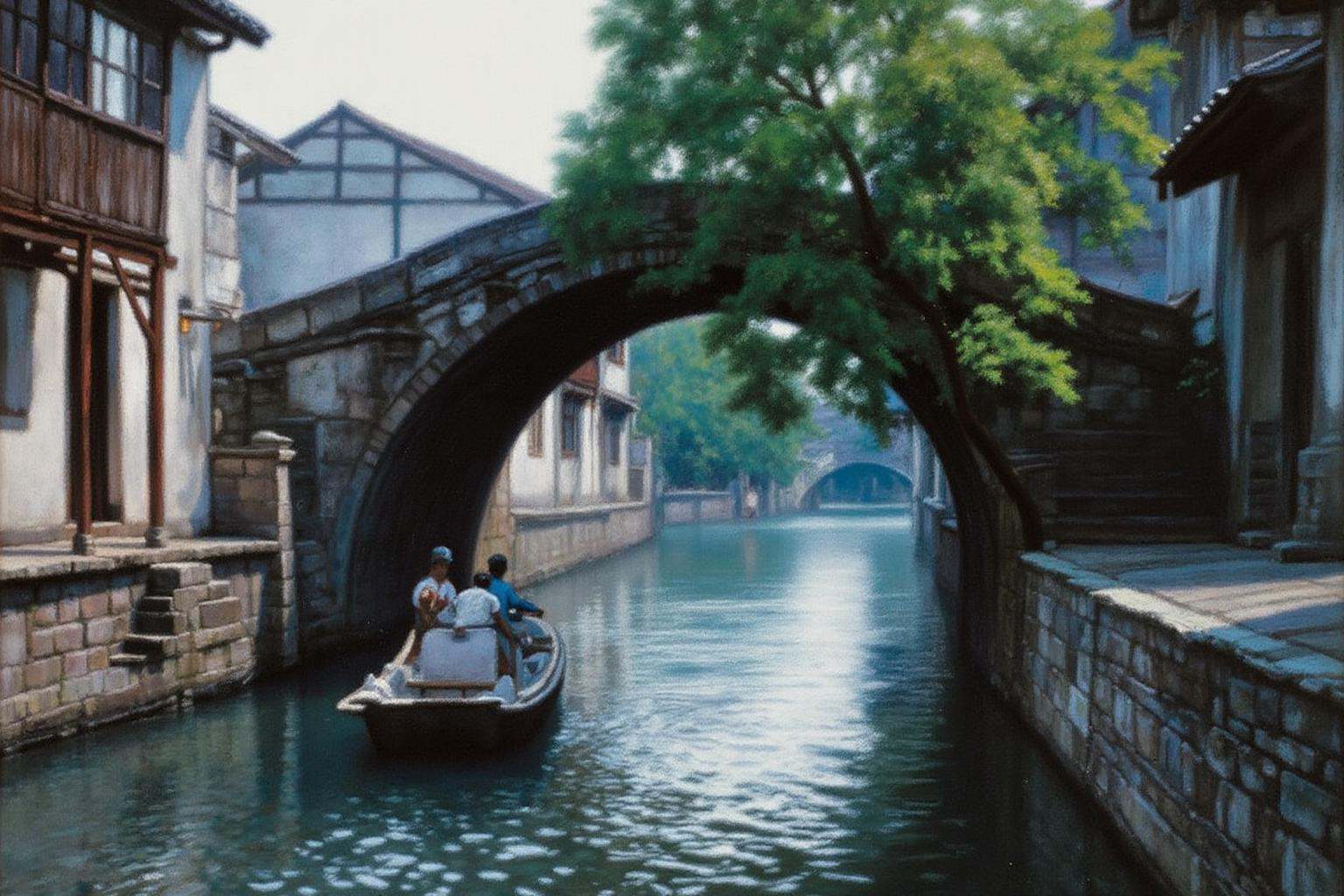 chenyifei2 painting.A serene canal scene in a traditional village in Southern China. A narrow,  winding waterway is shaded...
