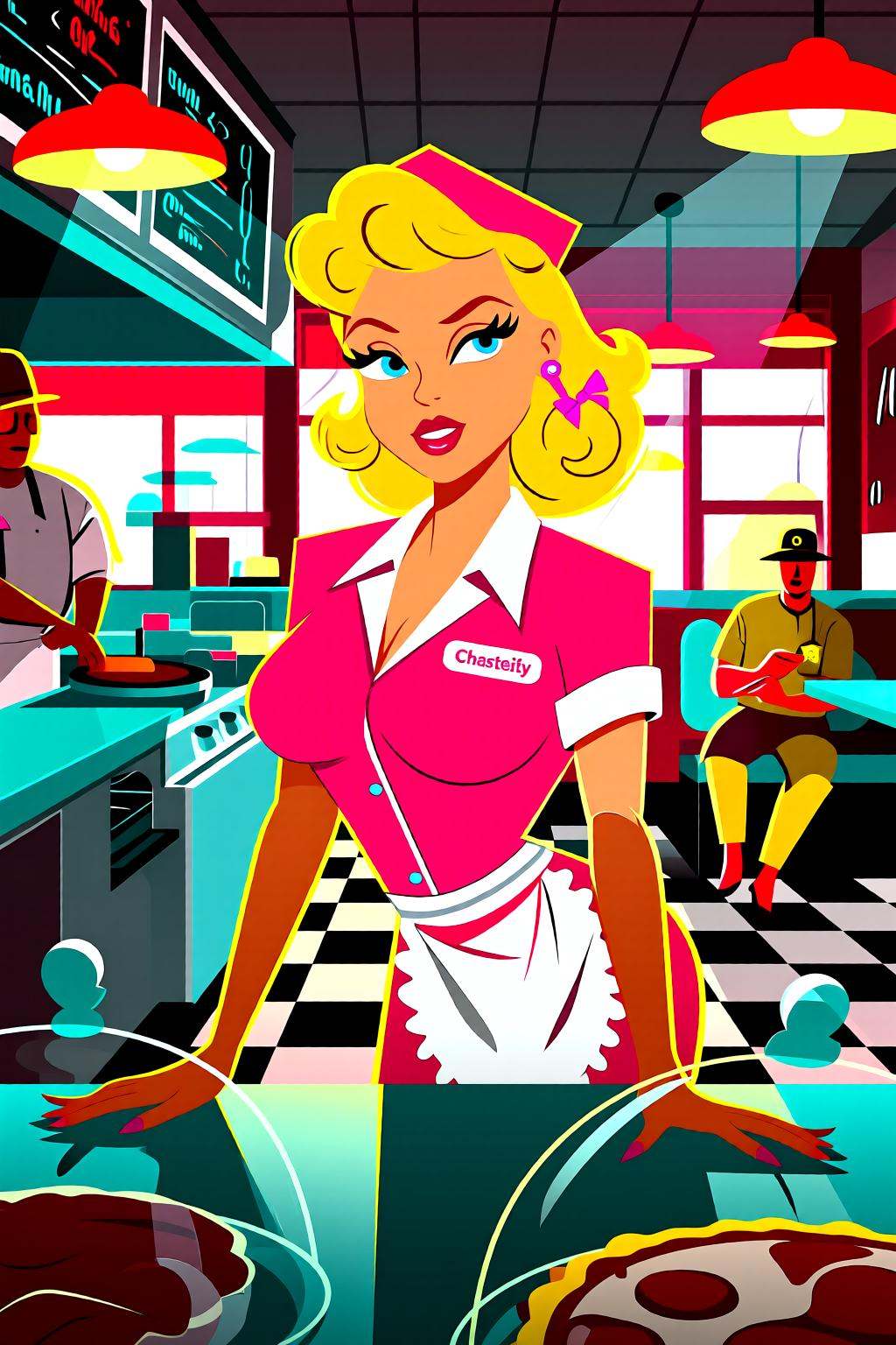 flatcolorvectorart2q illustration.Silmas. A waitress named "Chastity" standing behind the formica counter of a sun-drenche...