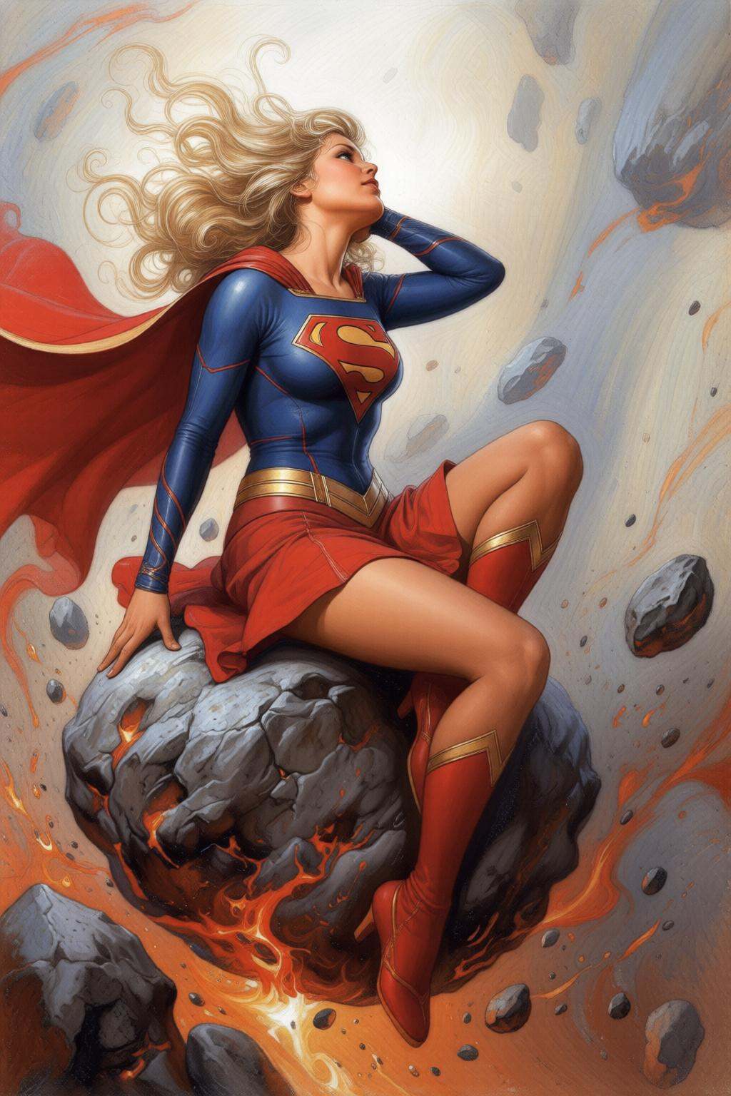 carllarsson2q painting.Supergirl posing while sitting on top of a meteorite. She has long,  flowing blonde hair,  styled i...