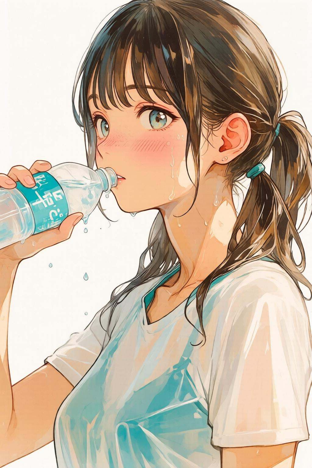 nijiwatercolor1q anime illustration.A young woman is drinking from a transparent blue water bottle. She has wet hair tied...