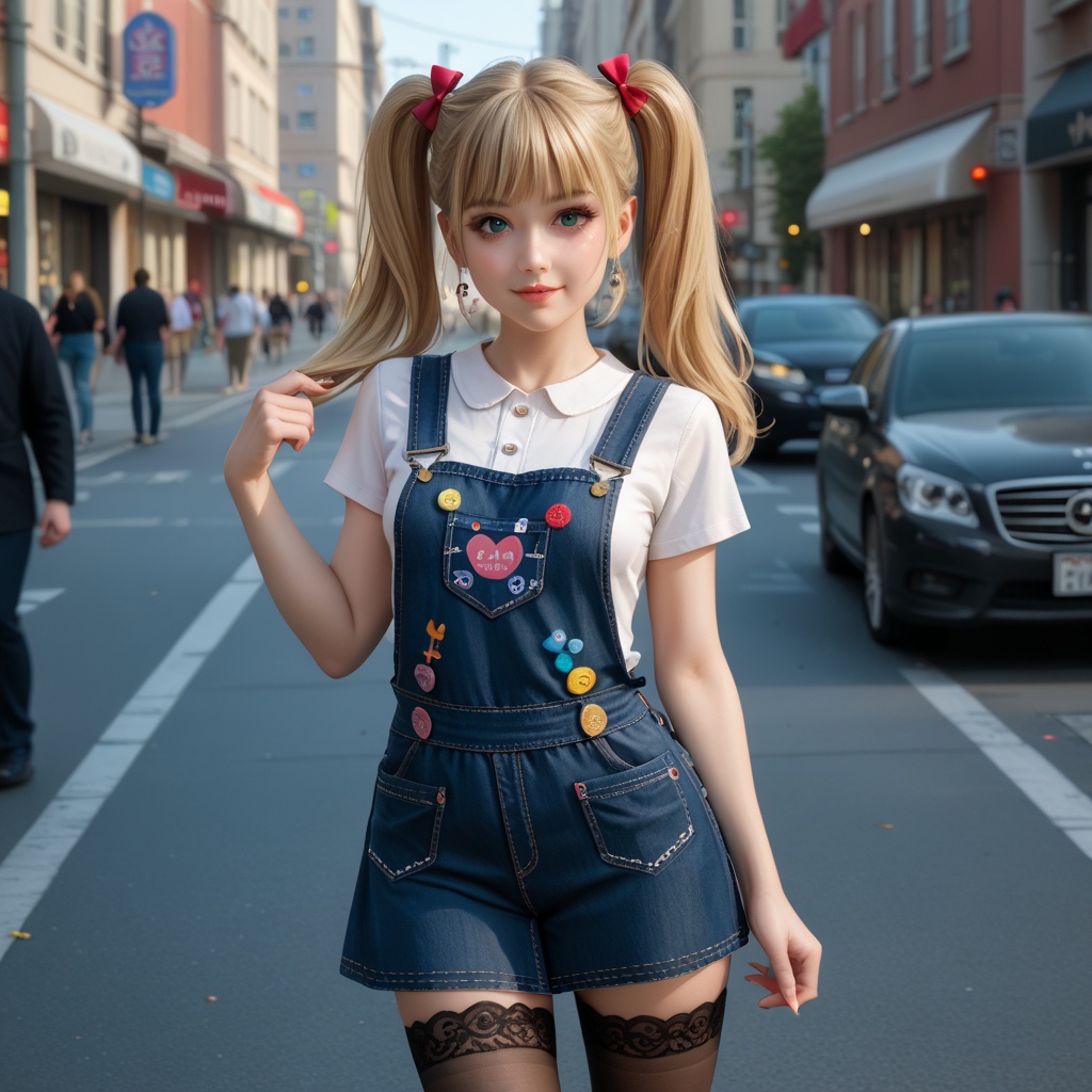 18-year-old beautiful woman posing,  with long blonde hair in pigtails,  stood posing in a colorful shiny pinafore dress o...