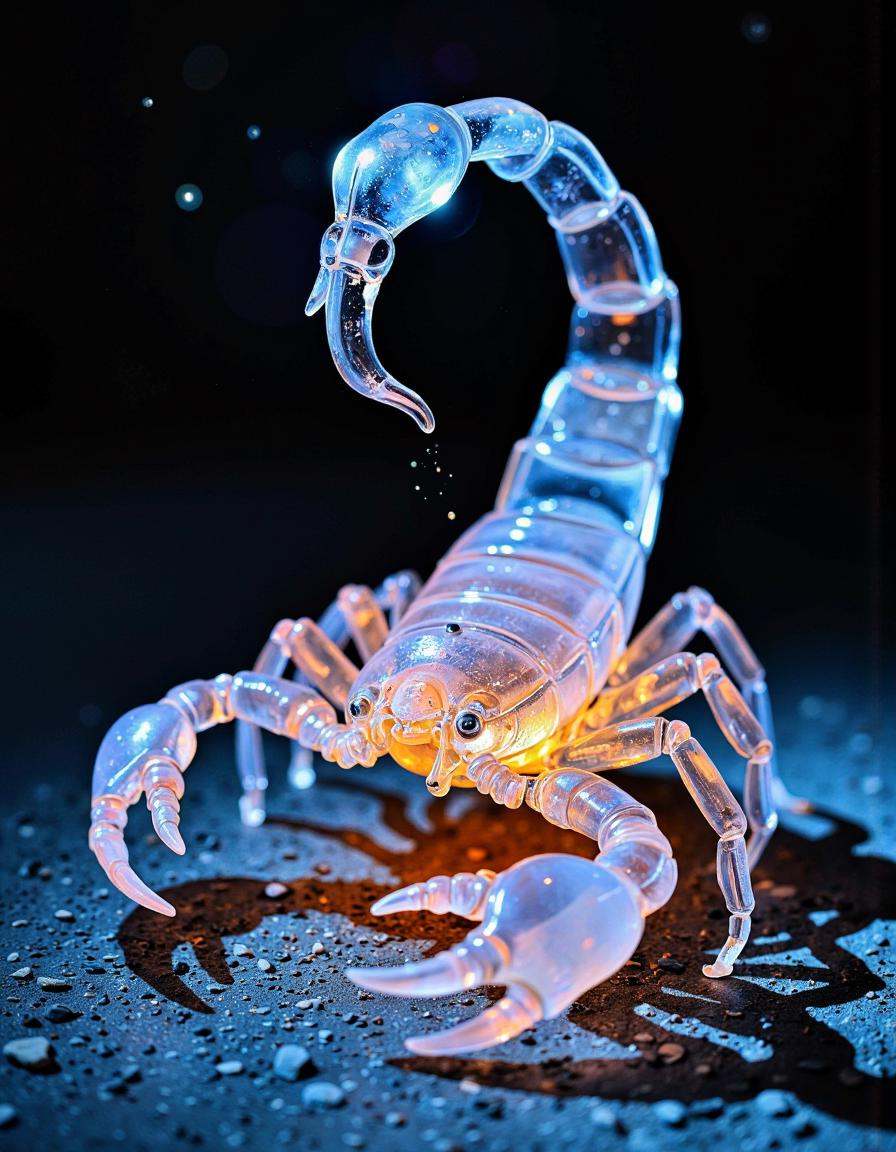 a beautiful photograph of a translucent glass Scorpio that glows within,  glowing lights,  beautiful desert waterfall on T...