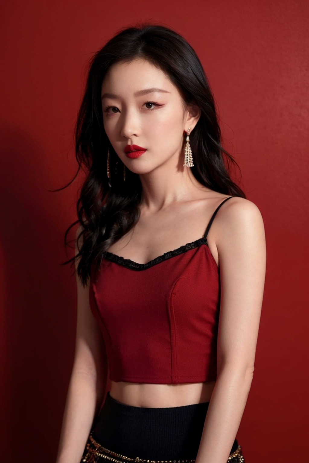 ultra-high definition,extreme detail,8k,realistic,(masterpiece:1.3),(best quality:1.3),(photorealistic:1.4),realistic,4k,detail face,,1,1girl,solo,jewelry,black hair,skirt,ring,earrings,midriff,red background,lipstick,makeup,long hair,looking at viewer,camisole,red lips,<lora:_20241113151057-000006:0.8>