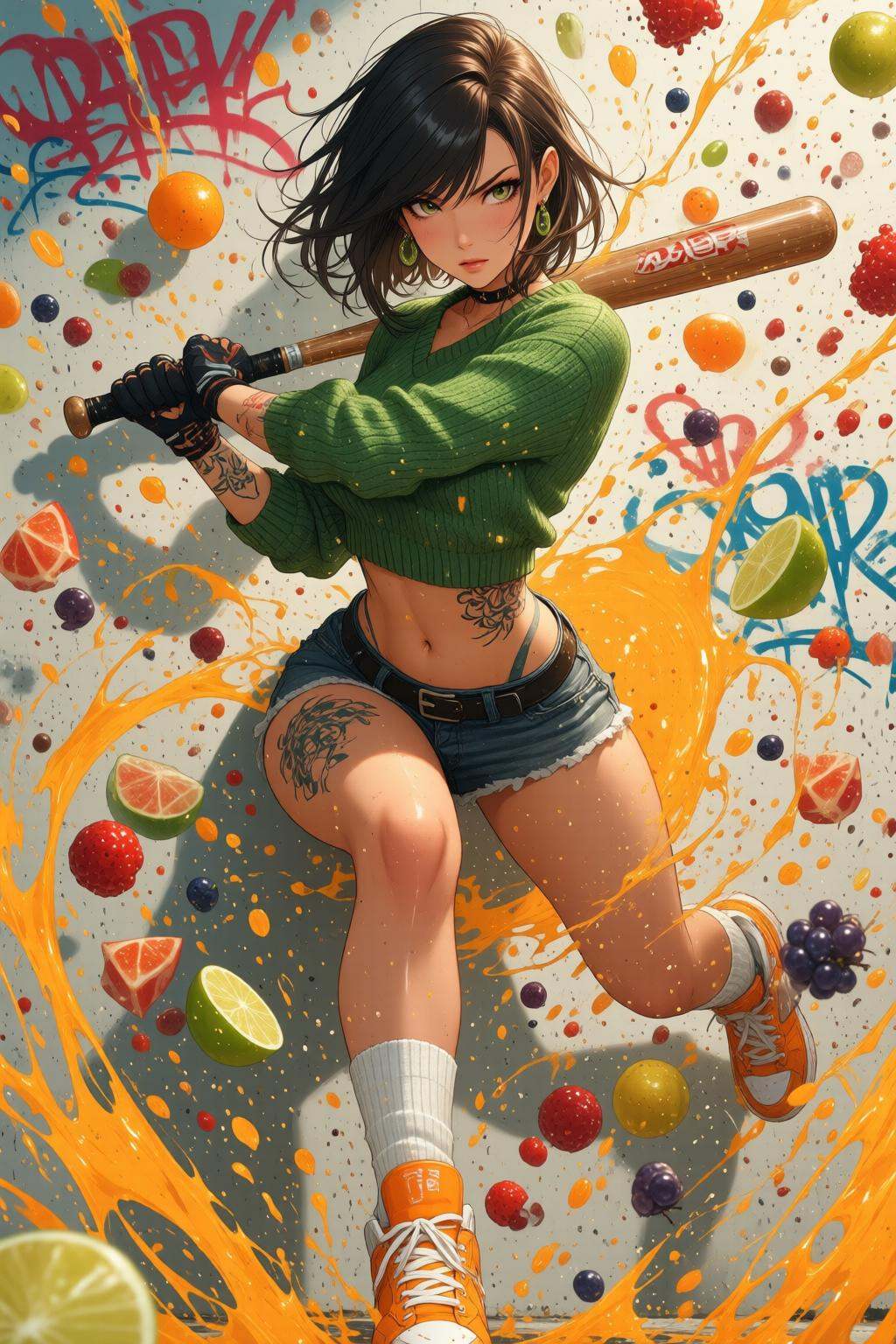nijimix6q anime style illustration.Liquid splash,  juicy fruits chaos,  dynamic pose. Full-body shot a young woman threate...