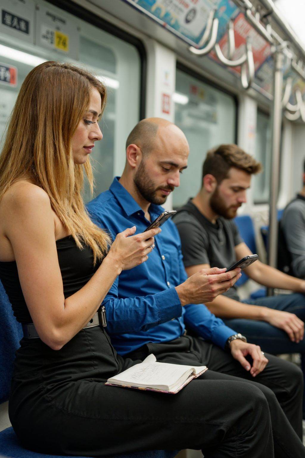 A photograph captures three young adults on a subway train. The woman with long blonde hair and fair skin,  wears a strapl...