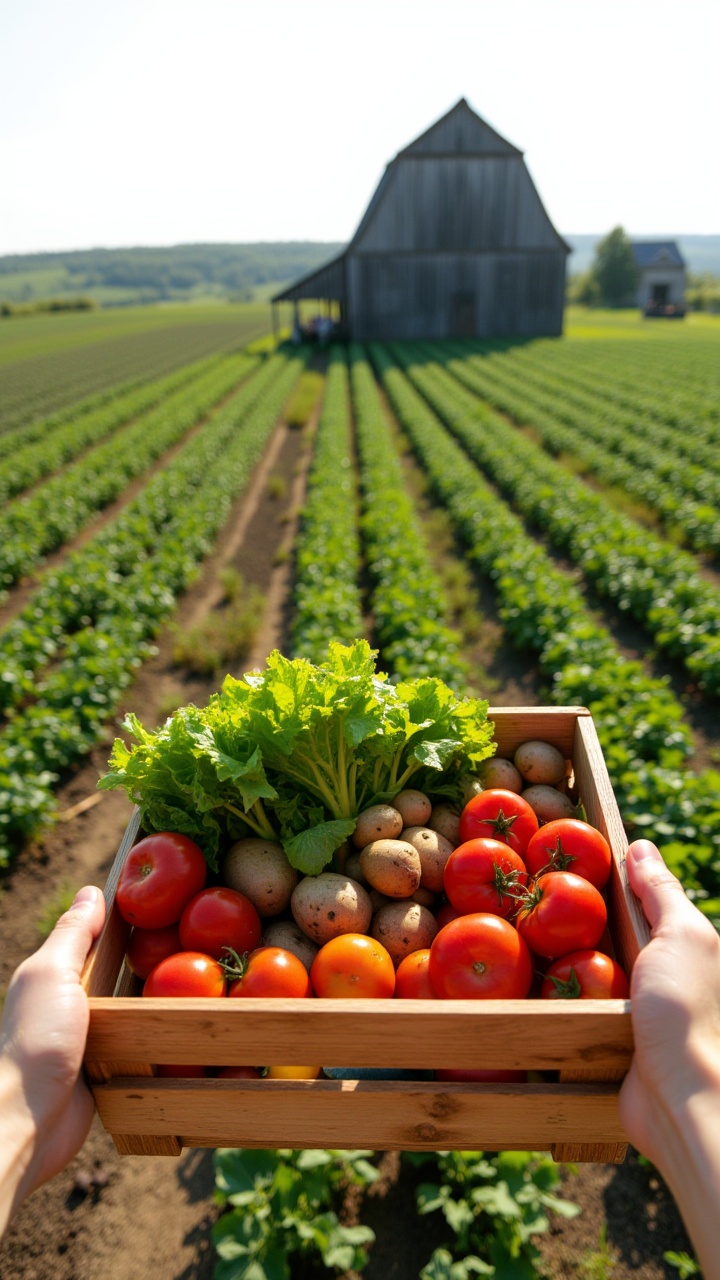 A pair of hands lifts a wooden crate overflowing with freshly harvested vegetables: bright red tomatoes,  vibrant green le...