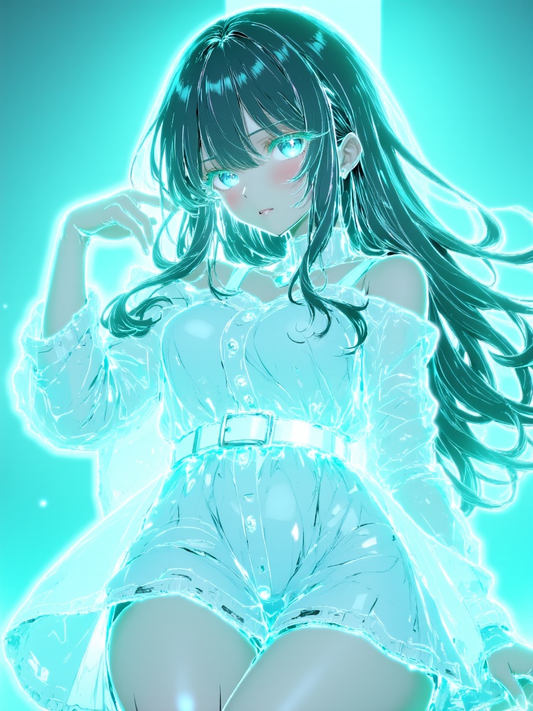 illustration,green tone,girl with green hair and green eyes sitting on a chair in front of a blue background. She is wearing a white dress and has a determined expression on her face,as if she is ready to take on any challenge that comes her way. Her long,dark hair is blowing in the wind and her eyes are focused on something in the distance.,