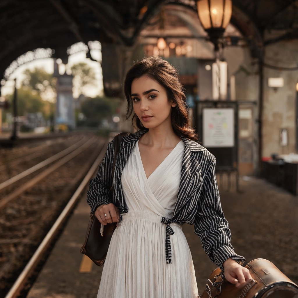 A detailed,  vintage-style close-up photograph depicts lily_collins in a Victorian-era setting,  likely a train station. S...