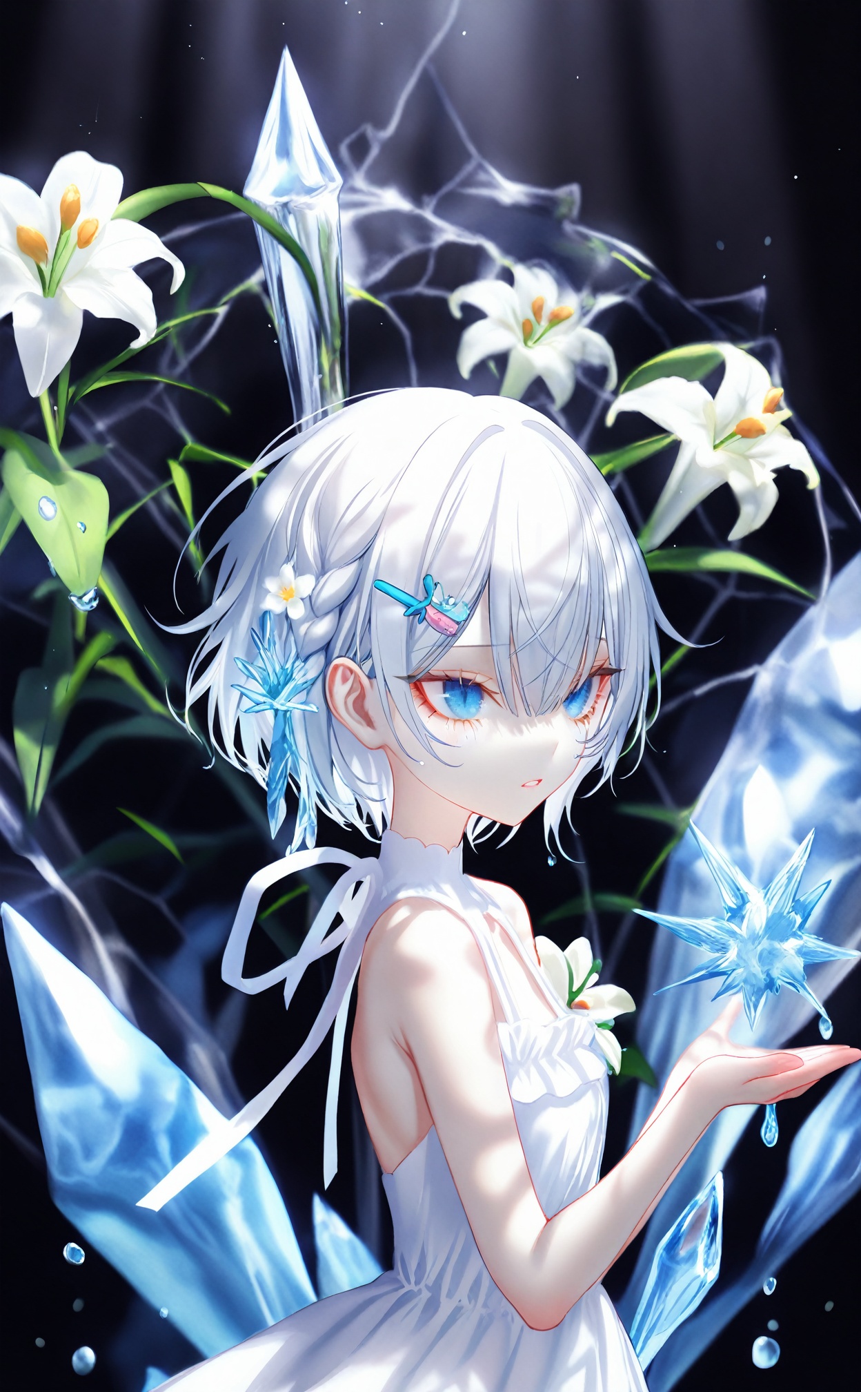 masterpiece,best quality,high quality,PVC Style,loli,[pottsness],[iumu],[Sheya],1 girl,loli,White Dress,White short hair,braids,lily flower hair clip,upper body,cry,water,black background,Ice crystal,dappled sunlight,Suspended colorless crystal,beautiful detailed glow,(detailed ice),beautiful detailed water,<lora:pvc——【Illustrious】hans:0.8>,