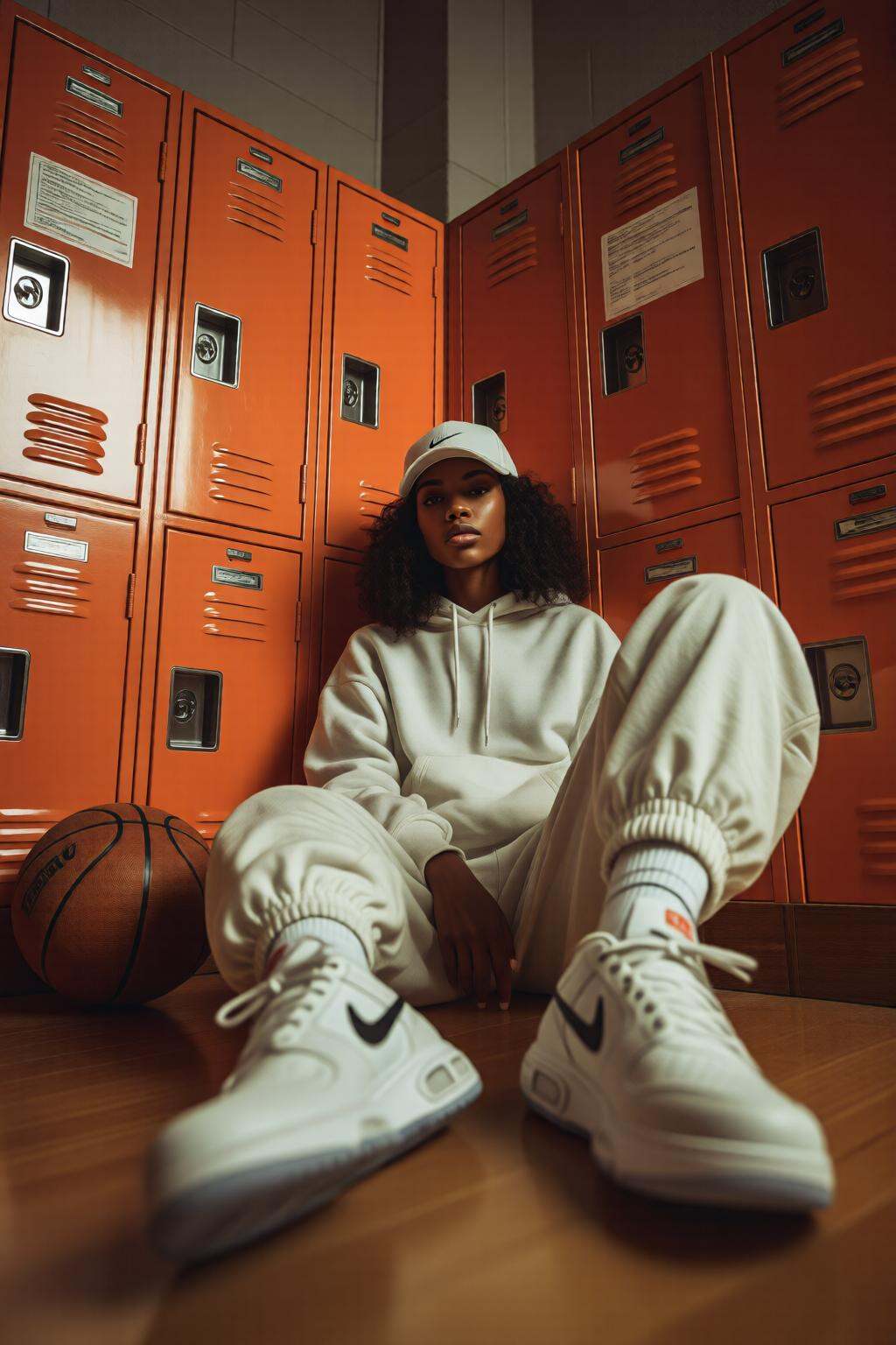 midjourneylowangle11q Low angle shot. A dark skinned woman is sitting on the floor of a gym locker room,  surrounded by or...