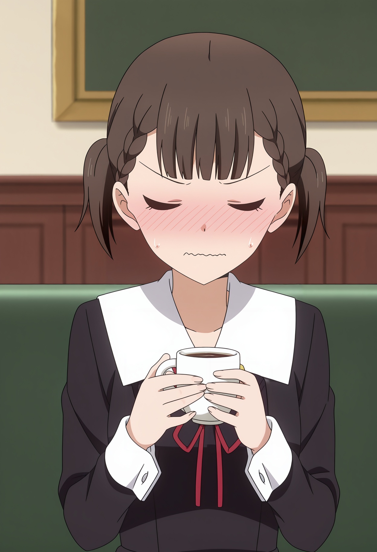 <lora:Shijiyou Maki_illustrious-000020:1>,1girl,solo,Shijiyou Maki,cup,solo,school uniform,>_<,holding,blush,wavy mouth,red ribbon,neck ribbon,holding cup,closed eyes,closed mouth,black dress,ribbon,dress,indoors,upper body,long sleeves,nose blush,braid,couch,facing viewer,shirt,parody,blurry background,anime screencap,