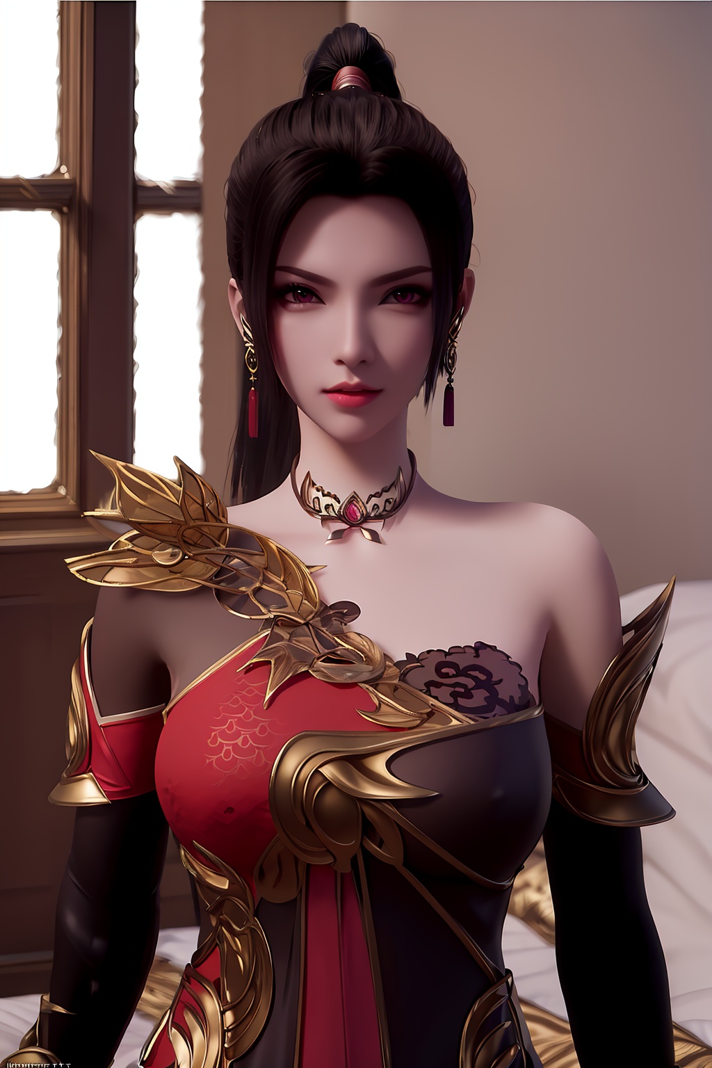 3D,masterpiece,(best quality),(makeup),official art, extremely detailed cg 8k wallpaper,((crystalstexture skin)), (extremely delicate and beautiful),(highly detailed),(1girl), (solo), (jewelry), (earrings),(black_hair),(long_hair),(hair_ornament),(handwear),(breasts),(collar),,(upper_body),(multicolored_clothes),(multicolored_dress),(bare_shoulder),(armor),ponytail,(chinese_clothes),(adapted_costume),(sunshine, outdoor,bed),((looking_at_viewer)),((Facing the camera)),, <lora:hipoly3DModelLora_v10:0.3>