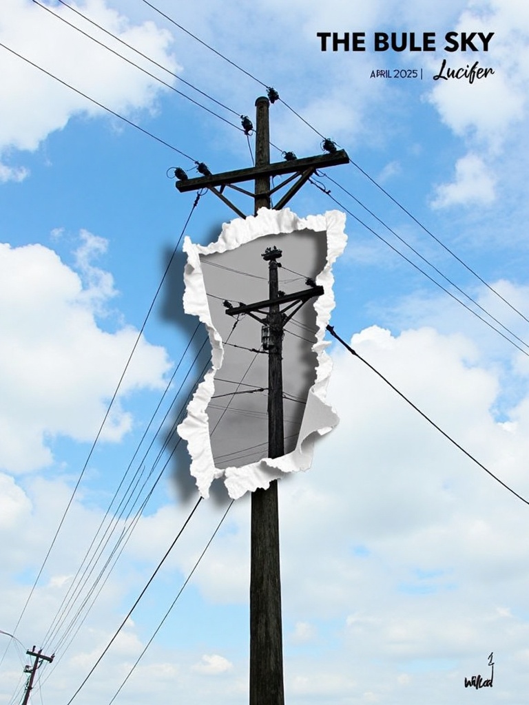 A photograph of a utility pole with a weathered,  torn paper effect,  revealing a black and white image of a similar pole...