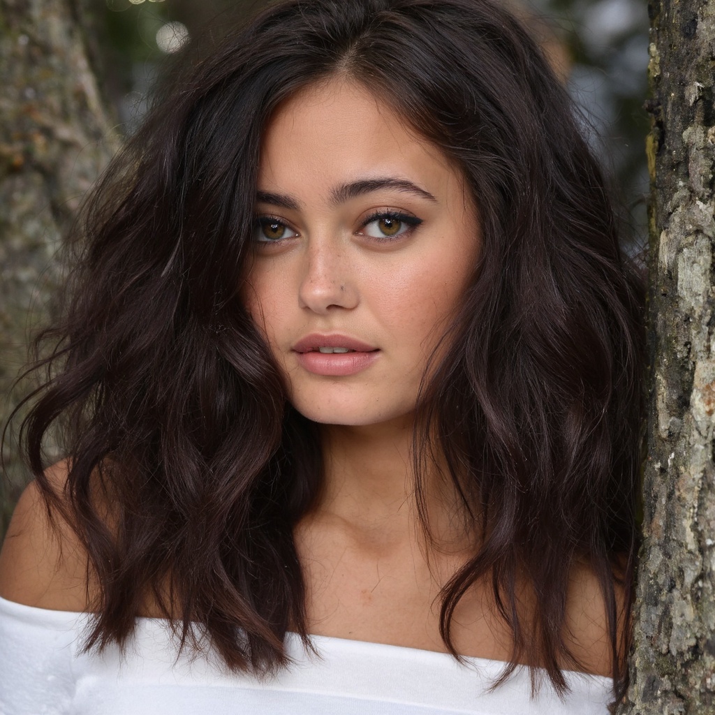 A close-up portrait of ella_purnell with long,  wavy black hair and striking green eyes. She leans against a textured tree...