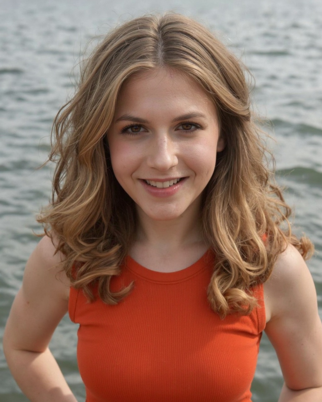 A portrait of erin_sanders with long,  wavy blonde hair,  captured in a close-up shot. She wears a sleeveless on Tensor.Art