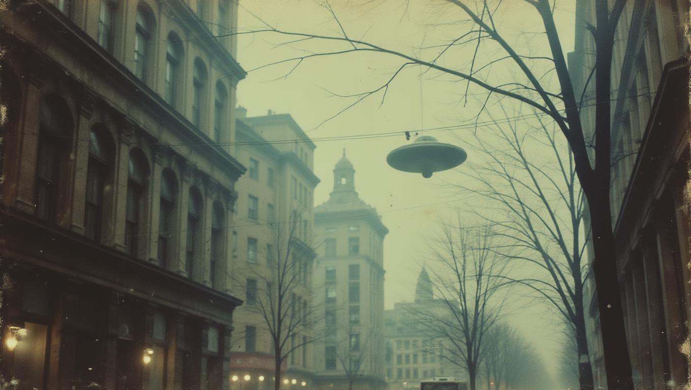 35mm vintage street photo of an UFO flying in NY on Tensor.Art