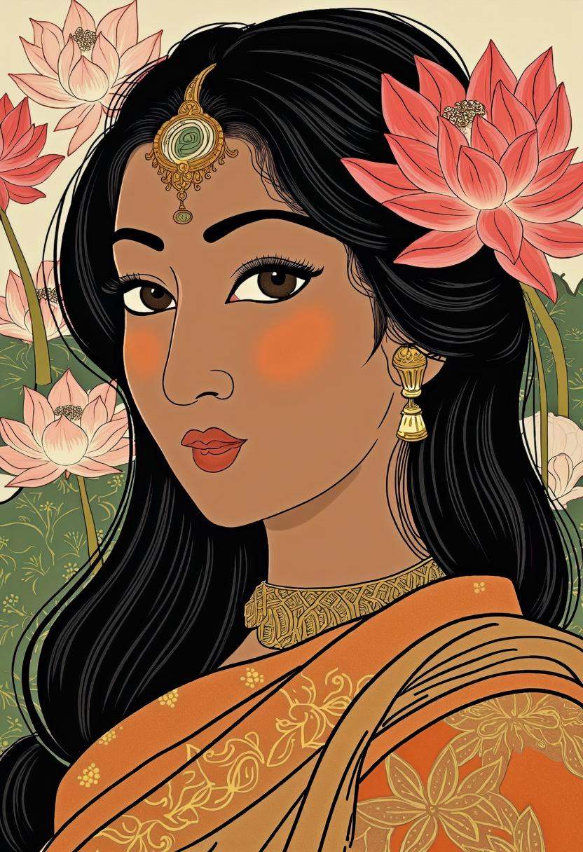 a portrait of an Indian woman inspired by the Shunga art style,  blending Indian cultural details with Shunga’s refined ae...