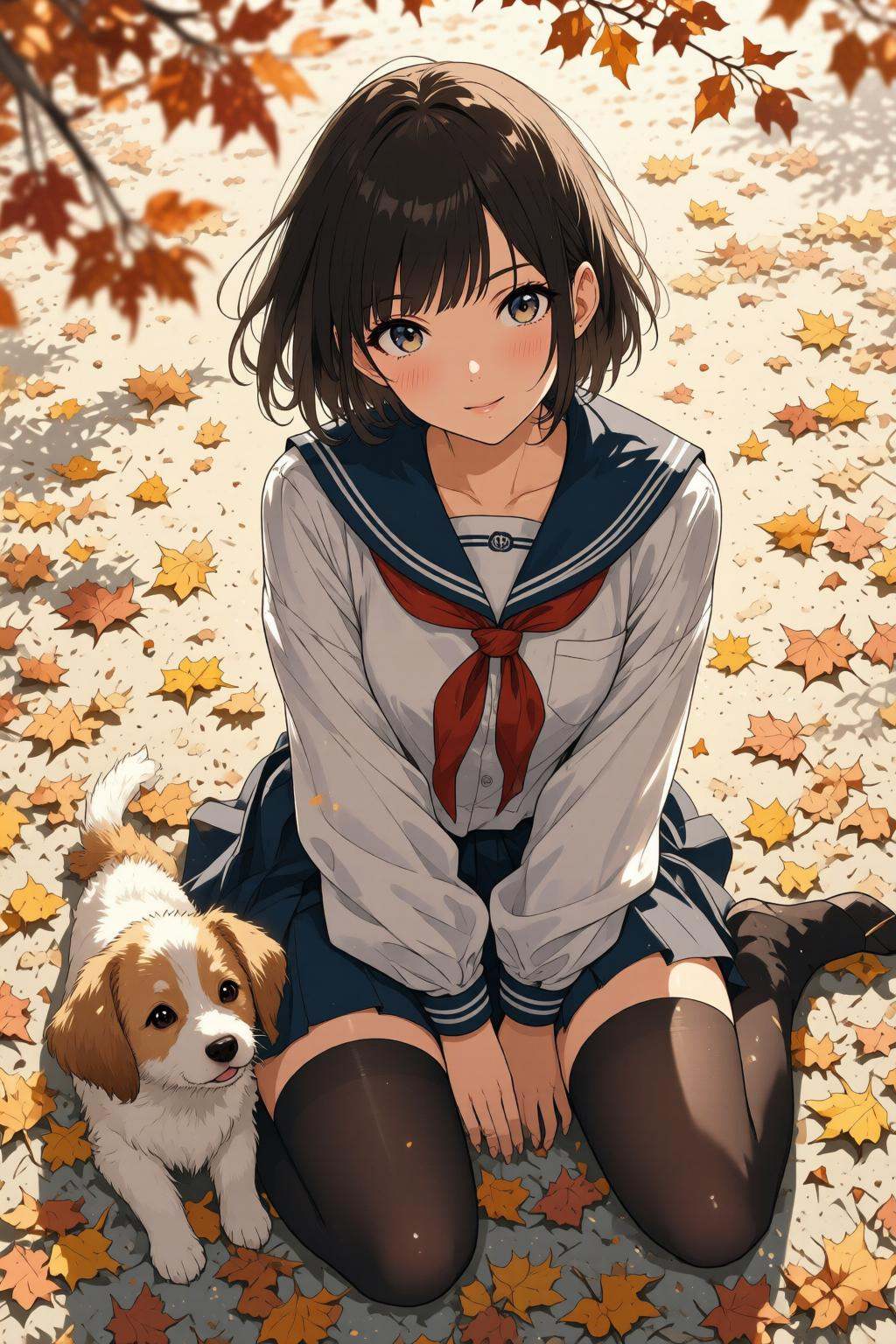 nijimix6q anime style illustration.High angle view of a girl and a small puppy sitting on a ground covered with scattered...