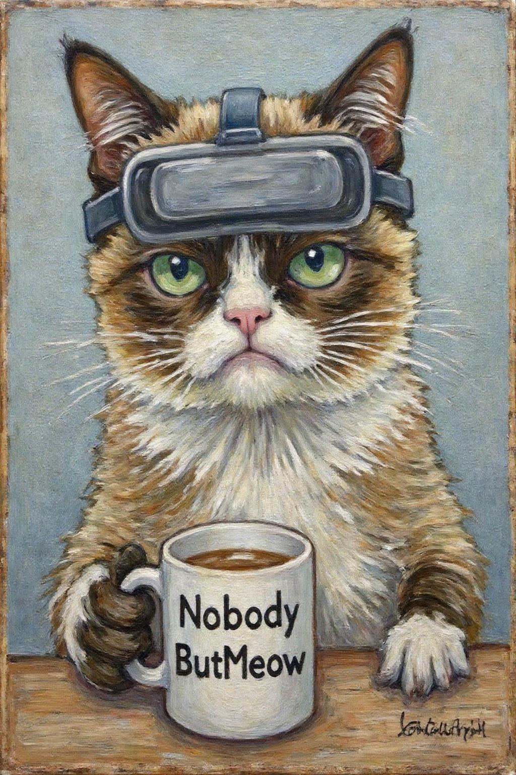dorotheasharp1 painting. Grumpy Cat wearing a VR Headset,  holding a coffee mug. The mug has the phrase "NobodyButMeow" pr...