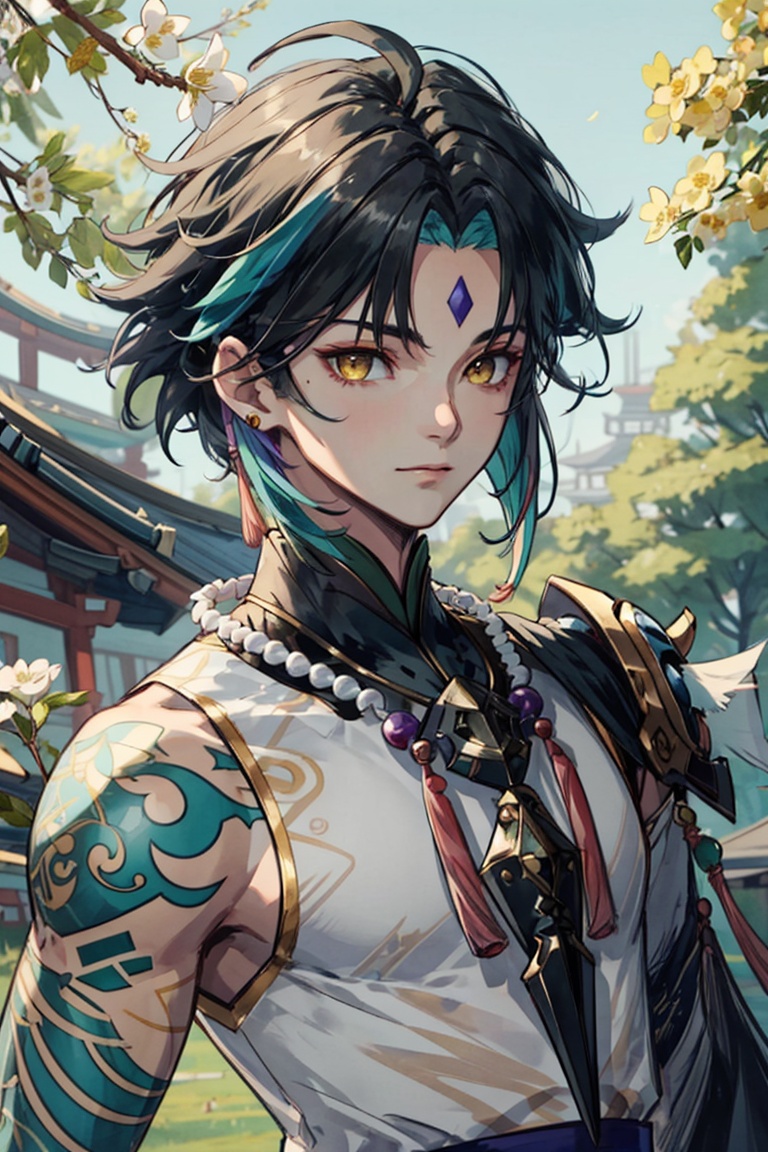 <lora:xiao:0.8>,xiao (genshin impact),1boy,solo,male focus,arm tattoo,(tassel),yellow eyes,diamond purple solid mark,forehead mark,multicolored hair,black hair,green hair,closed mouth,ahoge,green gloves,bangs,asymmetrical clothes,outdoors,looking at viewer,white flower,tree,upper_body,(bead_necklace:0.7),