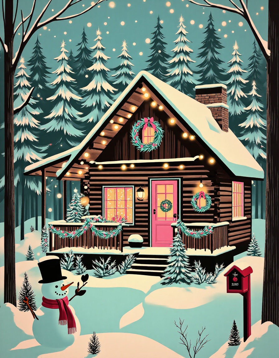 retro vintage illustration,  This is a high-quality photograph of a charming,  snow-covered on Tensor.Art