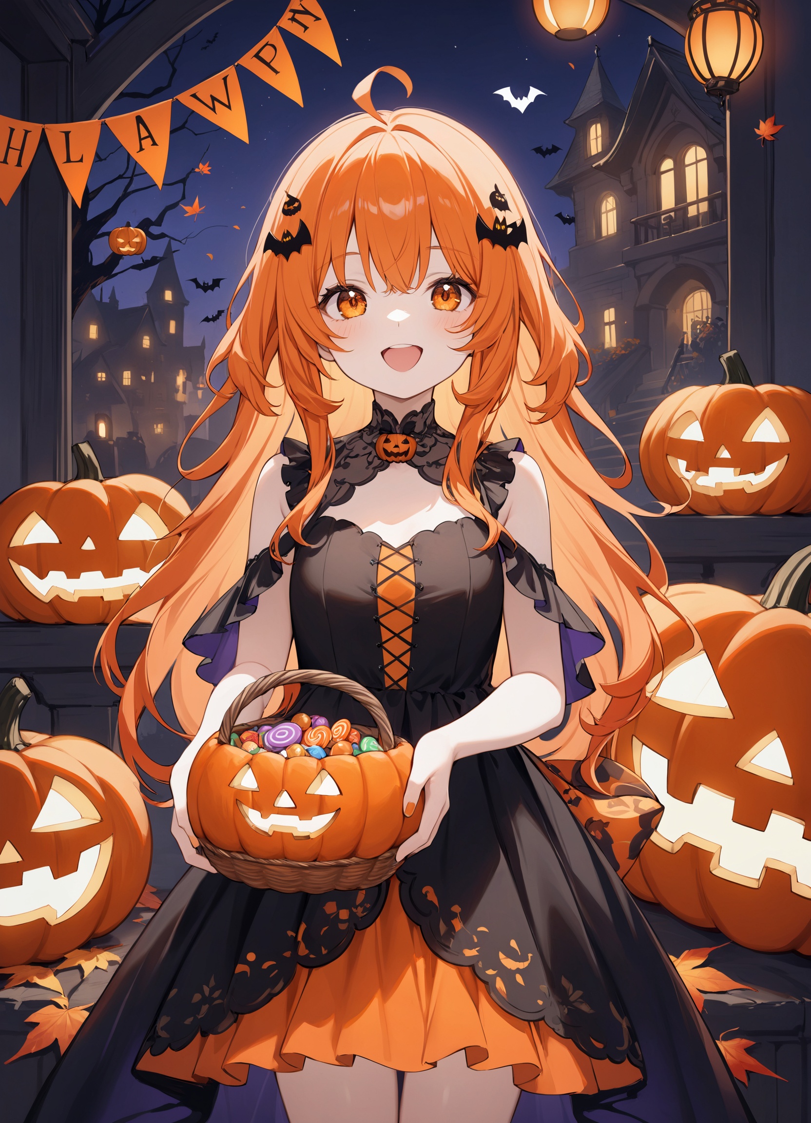 A young girl stands at the center of the scene, wearing a black dress adorned with orange patterns, perfectly matching the Halloween theme. Her long, slightly curled hair cascades down her shoulders, its autumn leaf-like color adding a touch of mystery. In her hand, she holds a small red basket filled with a variety of colorful candies, making them look tempting and delightful. Next to her sits an intricately carved pumpkin lantern, its warm amber light shining through the carved ghost face, which has an exaggerated and playful expression. The girl's face is beaming with joy, her eyes sparkling with excitement. Behind her hangs a banner with the English text 'Happy Halloween,' enhancing the festive atmosphere. The entire scene is brimming with the joyful and mysterious spirit of Halloween.