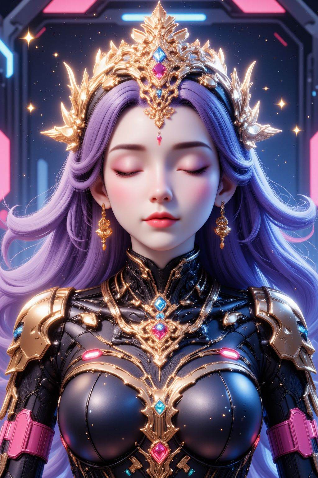 A surreal and ethereal cyber-fantasy portrait of a regal woman in a trance-like state,  viewed from below. She has luminou...