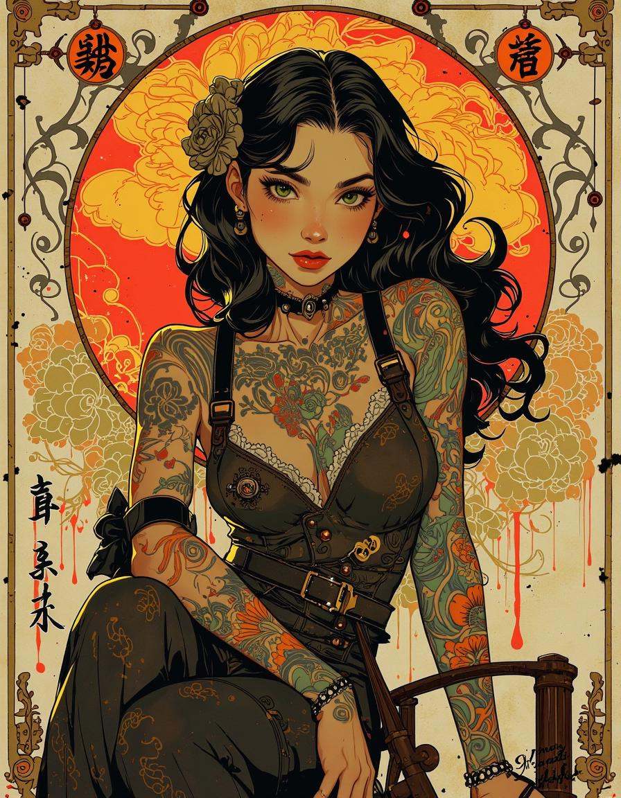 Anime style. An inkwash painting,  a Steampunk girl with a serious expression sits front and center,  leaning slightly for...