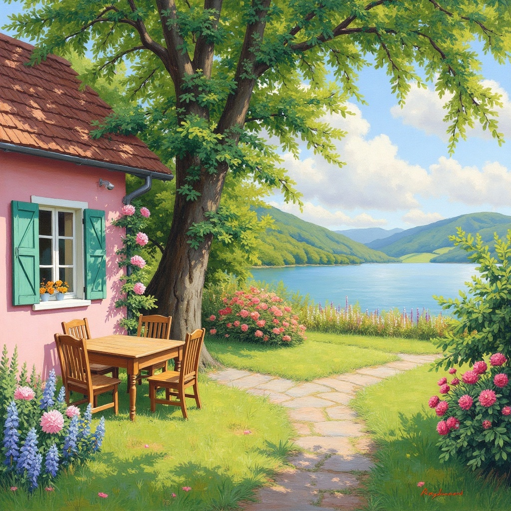 A vibrant,  impressionistic painting depicts a charming,  sunlit garden scene. A pink house with green shutters and bloomi...