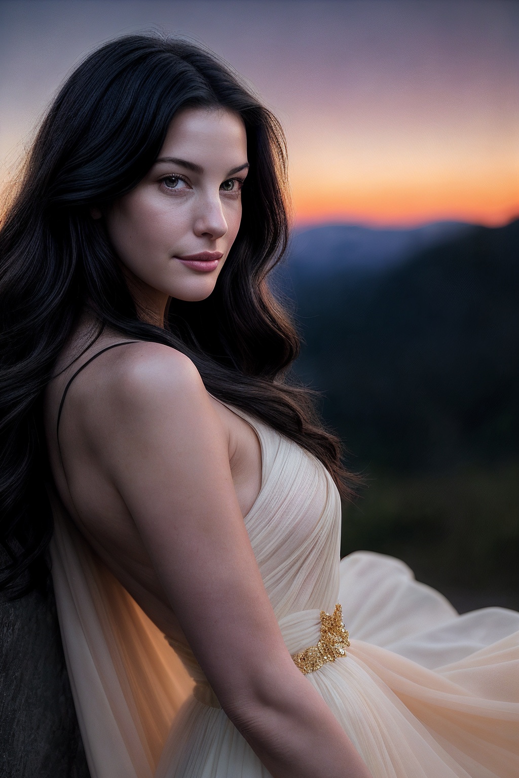 LivT_SoloTI_v1,  (In a flowing,  golden gown that shimmers in the fading light on Tensor.Art