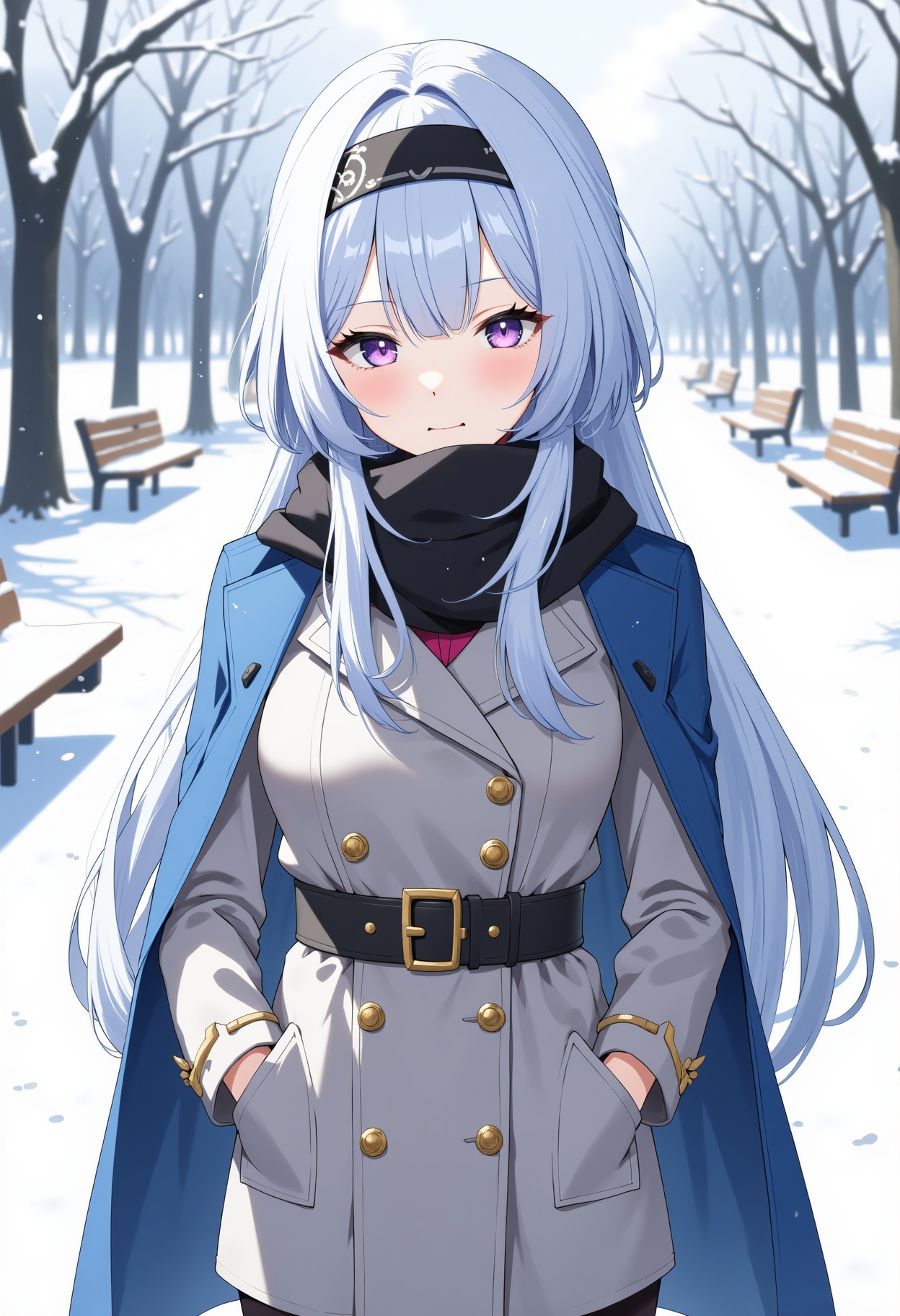 anime,  a young woman with long,  light blue hair and purple eyes in a winter setting. She wears a grey coat with gold acc...