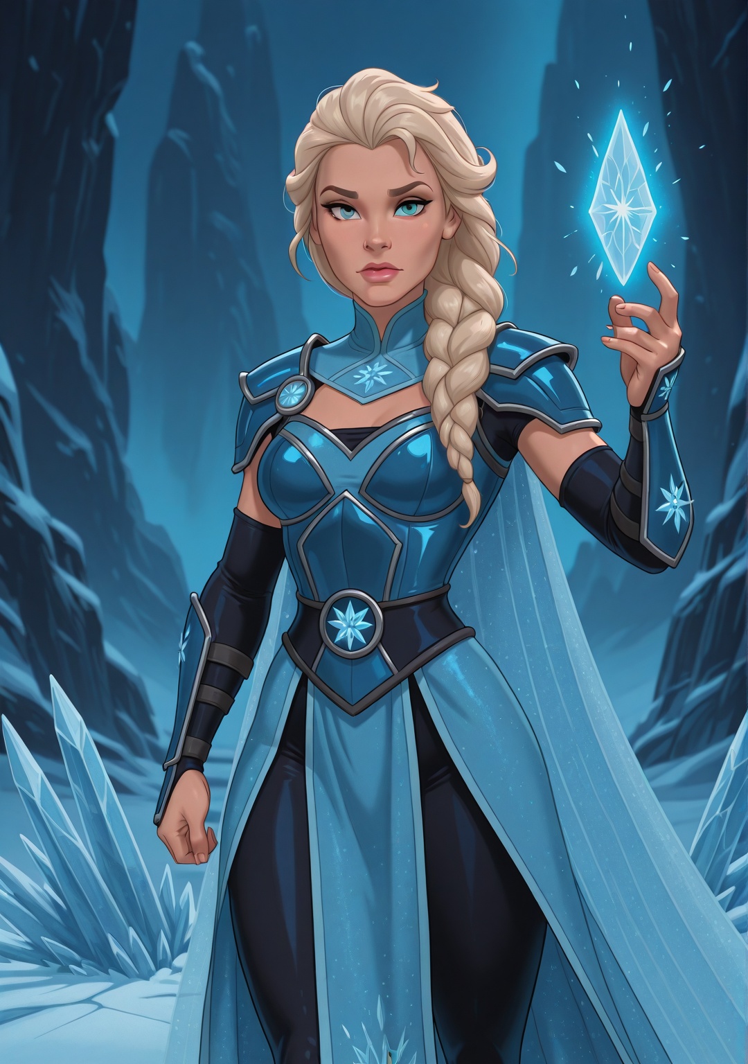 Elsa from Frozen,  in a dramatic three-quarter body shot,  wearing a full Sub-Zero outfit from Mortal Kombat: detailed blu...
