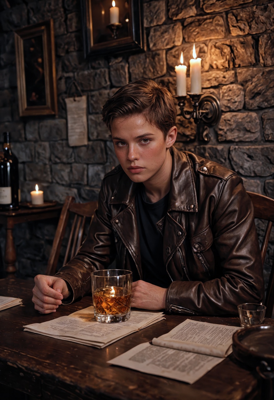 A dramatic portrait of a young man,  sitting in a dark,  moody café lit only by a single candle. His face is partially sha...