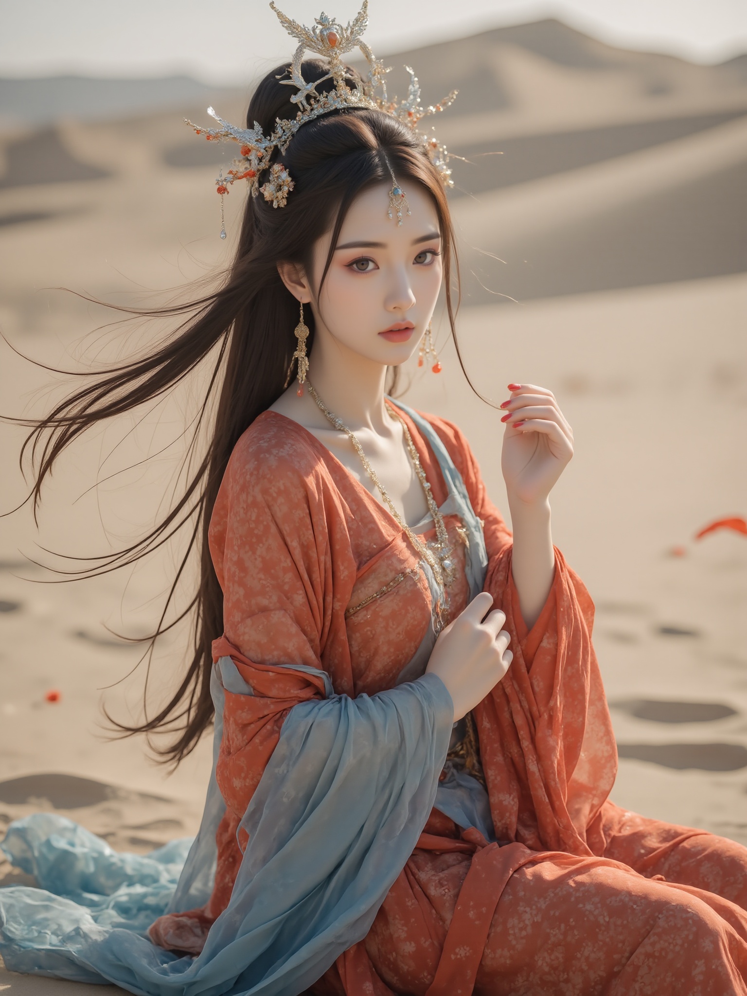 traditional chinese art style, ethereal woman in ancient chinese attire, tang dynasty, intricate headdress, flowing red and blue robes, delicate jewelry, serene expression, dunhuang, seated gracefully, surrounded by sand dunes, soft natural light, dreamy and mystical ambiance, intricate hair ornaments, flowing ribbons, ancient dynasty-inspired, tranquil and mystical atmosphere<lora:极品超模V8_2.0:0.8>