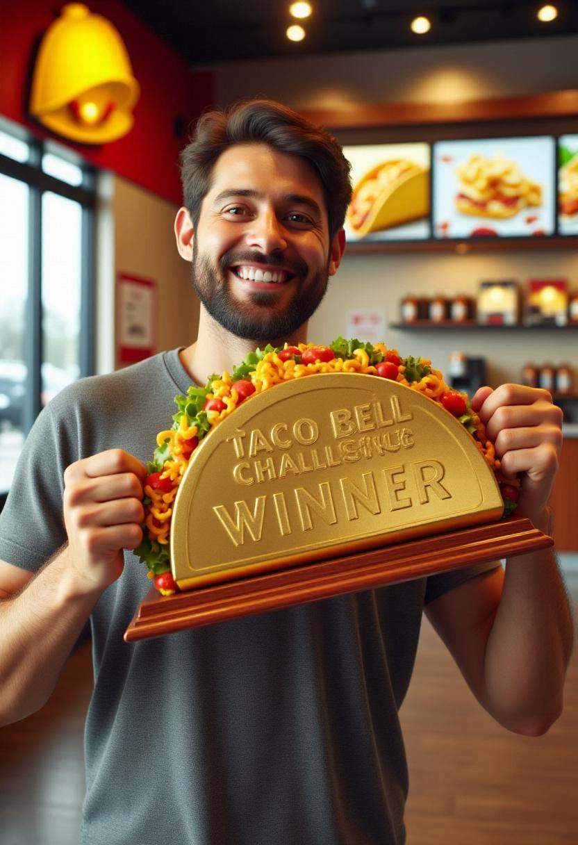 The image is a high-quality CGI rendering of a man proudly holding a golden taco trophy with nameplate text engraved "Taco...