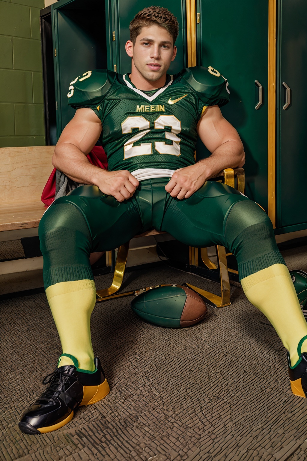 In an American football locker room,  (sitting on a locker room bench),  legs spread open on Tensor.Art