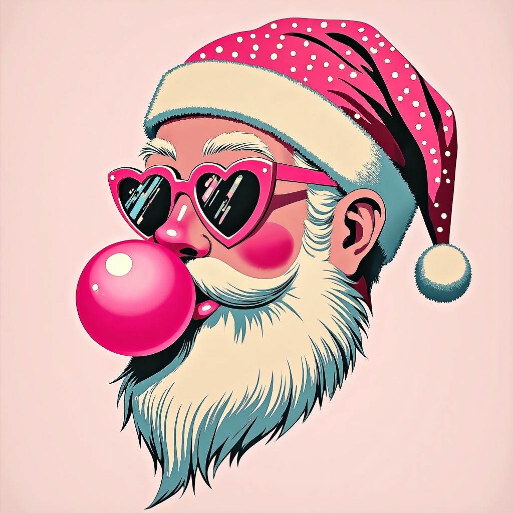 retro vintage illustration,  This is a digital drawing of a stylized Santa Claus character with a playful twist. The image...