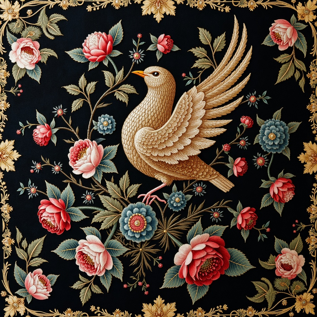 embroidery,there is a picture of a bird and flowers on a black background,floral embroidery,victorian textiles,embroidered brocade,fabric embroidery,luxury journal cover,baroque cloth,highly detailed pattern,panel of black,8k fabric texture details,flowers. baroque elements,baroque wallpaper,intricate dark background,flower motif,ornate background,fine foliage lace,black rococo,ornate decorative background,inside stylized border,1 8 th century spring ornaments,decorative border,beaded embroidery,baroque frame border,background **** of big curtains,detailed lacework,directoire style,very detailed black feathers,filigree border,jewel embellishment,extremely intricate high detail,chinoiserie pattern,richly detailed colored,ornamental edges,