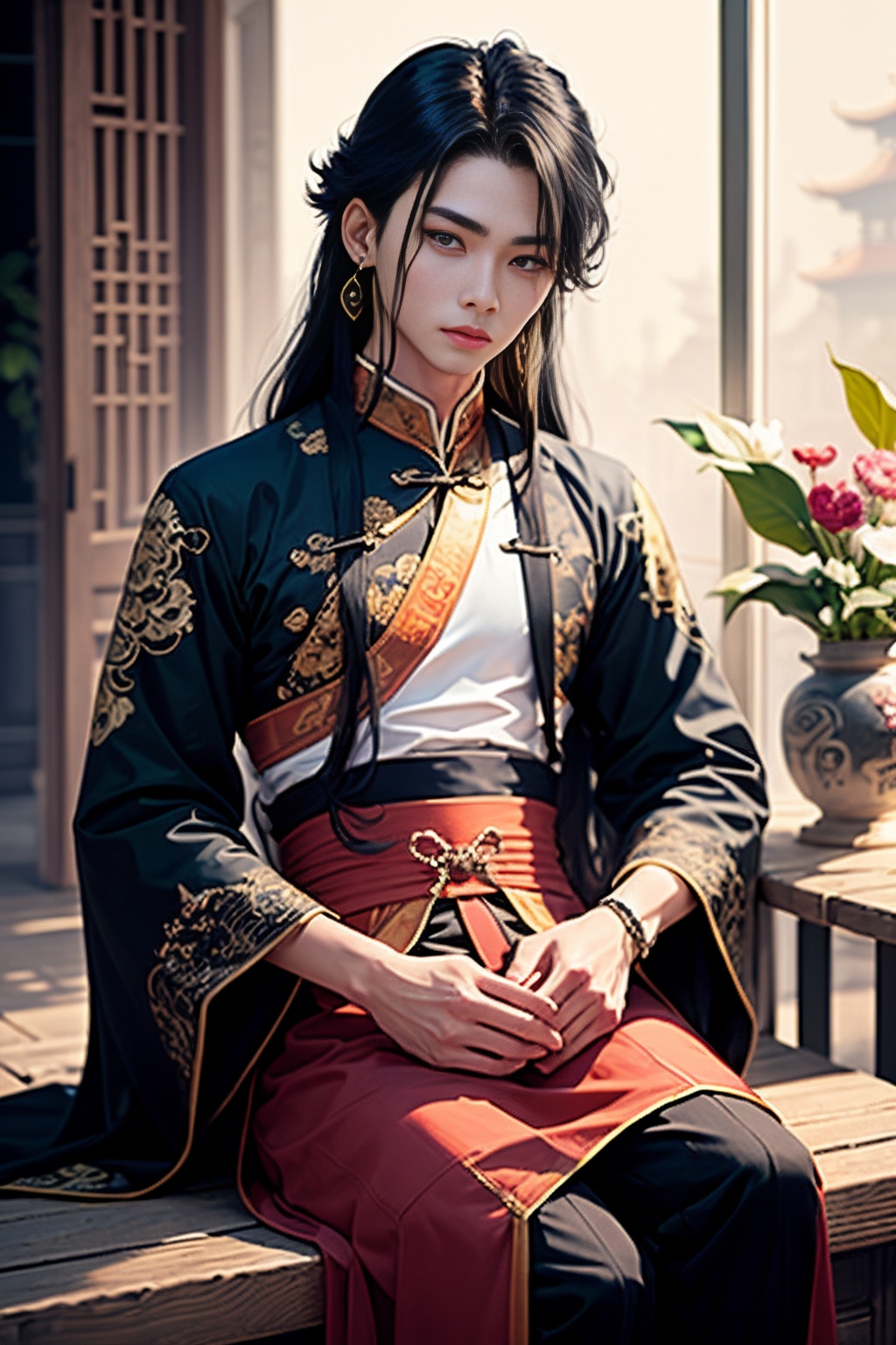 1boy, male focus, jewelry, long hair, black hair, earrings, chinese clothes, solo, lattice, hanfu, looking at viewer, flower, sitting, red eyes, long sleeves, bishounen