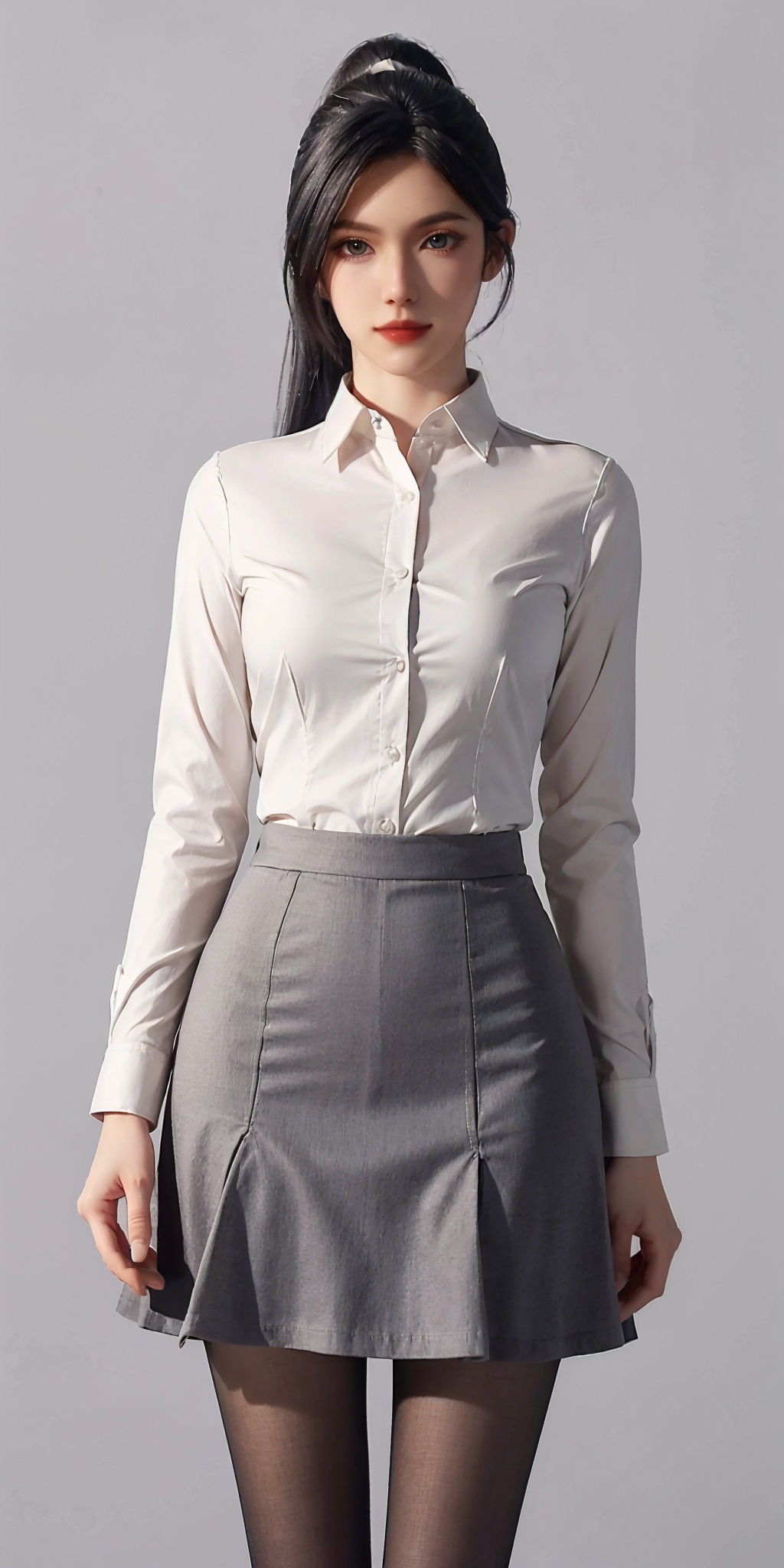 1girl,solo,ponytail,black hair,grey eyes,happy,black pantyhose,white shirt,taut skirt,office lady,standing,(looking at viewer),cowboy shot,white background,Highly detailed,(ultra-detailed),(best quality,masterpiece:1.5),<lora:20240930-1727706729434:0.5>,