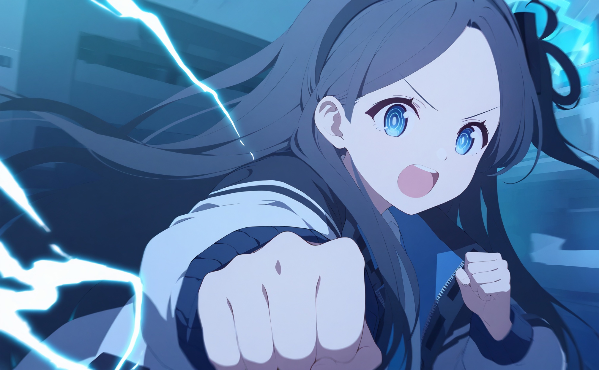 masterpiece,best quality,high quality,loli,1girl,aris (blue archive),blue eyes,solo,jacket,open mouth,long hair,black hair,incoming attack,ringed eyes,blue theme,long sleeves,clenched hand,electricity,forehead,white jacket,hairband,v-shaped eyebrows,looking at viewer,train,black hairband,upper teeth only,one side up,upper body,teeth,<lora:BA2——【Illustrious】hans:1>,