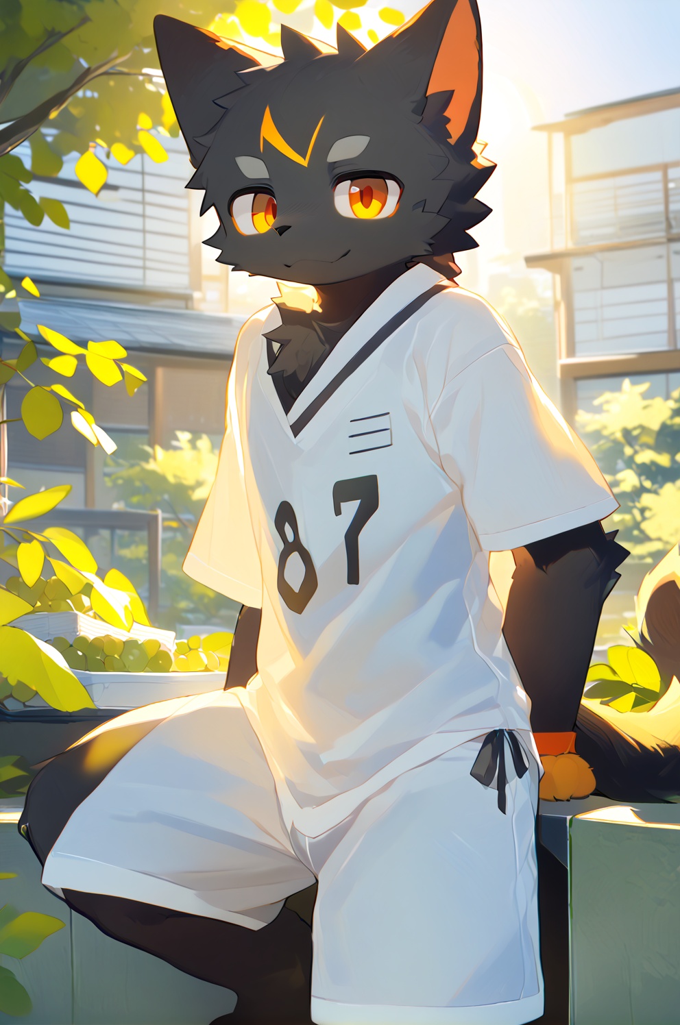 score_9,score_8_up,score_7_up,black cat easy looking at viewer,kemono,orange eye,male,solo,outside,sunny,clothing,bottomwear,topwear,sunlight,source_furry,face_focus,body fur,