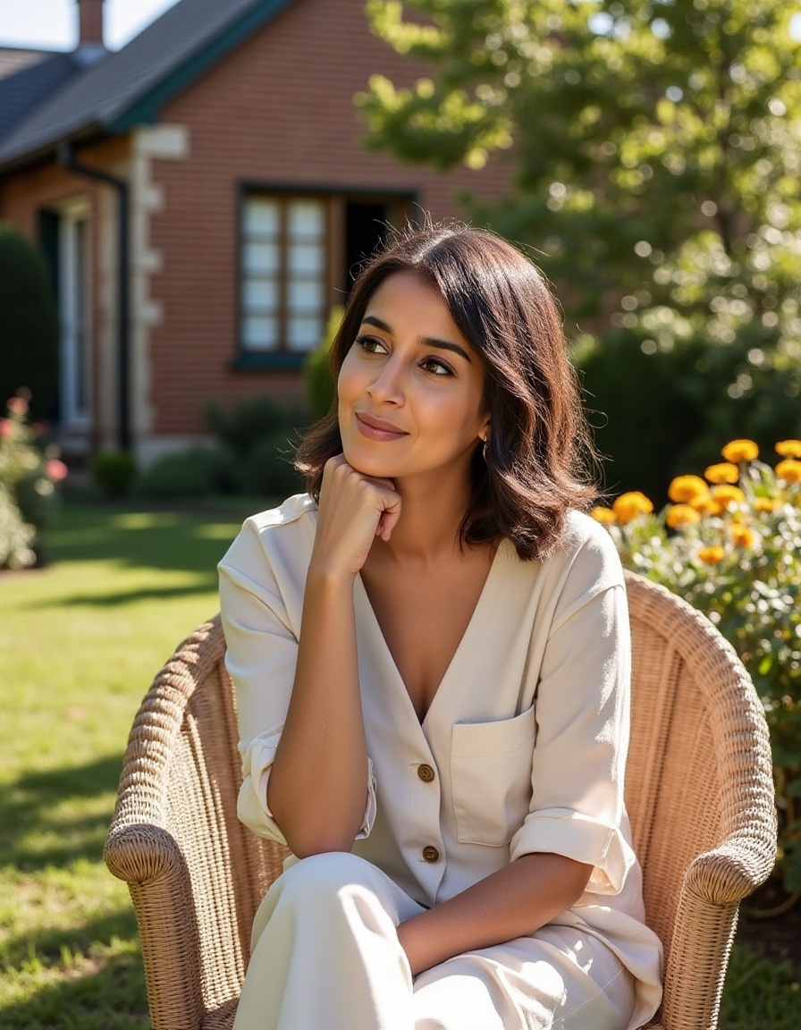A serene summer afternoon scene featuring a woman sitting thoughtfully on a wicker sofa,  wearing a light-colored,  flowin...